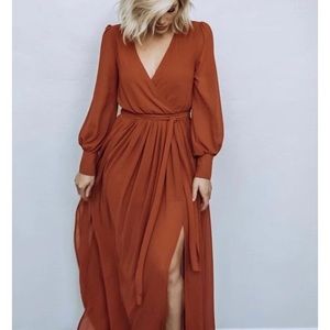 Vneck long sleeve belted maxi dress in rust